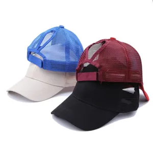 Women high ponytail mesh baseball cap solid color casual outdoor sun protection summer hat