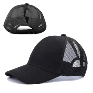 Black ponytail baseball cap detail view showing mesh back and hair opening for outdoor summer.