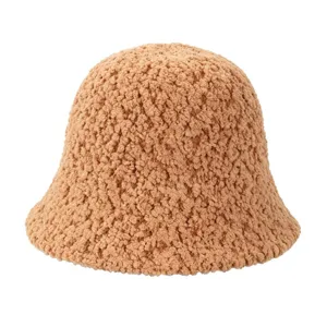 Cozy fleece bucket hat for women, soft plush winter warm basin hat, casual solid color outdoor.