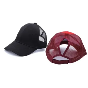 Women's mesh baseball cap with high ponytail hole, breathable plain outdoor sun hat.
