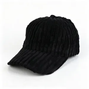 Black corduroy baseball cap detail view, textured fabric, curved brim casual hat.