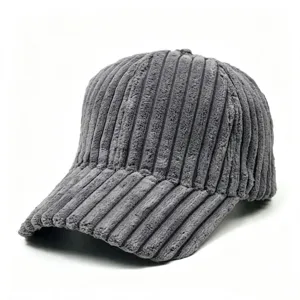 Grey corduroy baseball cap detail view, winter warm textured trucker hat for men and women.