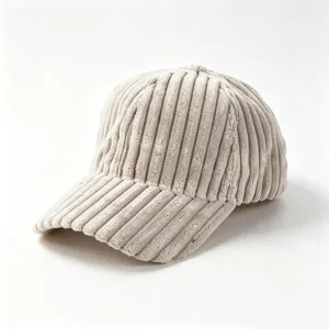 Corduroy baseball cap detail, vintage textured winter hat in solid beige for daily outdoor wear.
