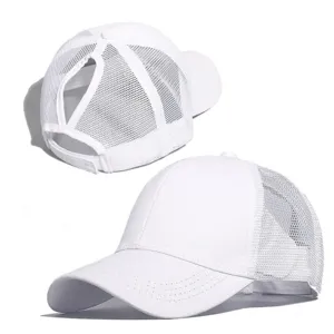 Women Ponytail Mesh Baseball Cap High Messy Bun Adjustable Cotton Breathable Sun Hat Outdoor Casual Solid Color Trucker Cap