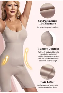 Detail view of women's seamless full-body shapewear bodysuit featuring tummy control and butt lifting.