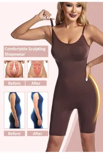 Detail view of the brown seamless body shaper showing tummy control and butt lifting effect.
