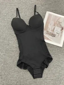 Black full body shapewear detail showcasing built-in bra and seamless lace postpartum tummy control.