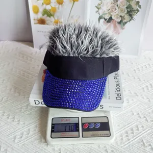 Novelty rhinestone sun visor hat with faux grey hair, trendy street style hip hop party cap.