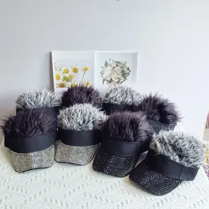 Novelty rhinestone sun visor cap with funny spiky faux hair, perfect for party, street style.