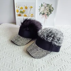 Rhinestone hair visor hat fuzzy wig cap streetwear party street dance hip hop baseball cap