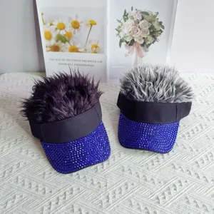 Rhinestone wig sun visor cap with sparkling blue crystals and funny hair design for street party wear.