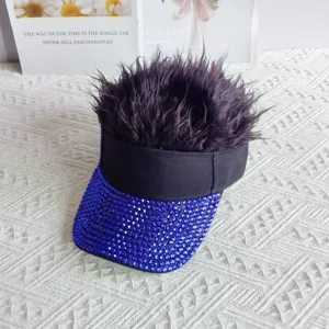 Rhinestone wig sun visor hat sparkling blue crystal hollow top baseball cap street style.