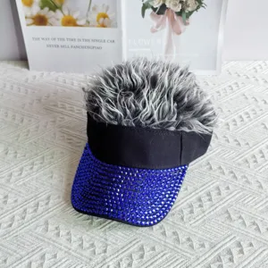 Detailed close-up of the trendy rhinestone wig baseball cap showcasing the sparkling blue brim.