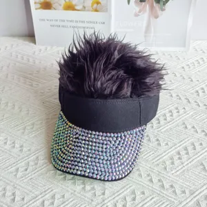 Rhinestone wig baseball cap detail shot, creative street hip-hop sun visor hat for party.