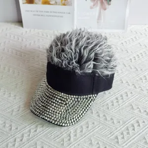 Close-up detail of the funny novelty wig baseball cap with sparkling rhinestones and grey hair.