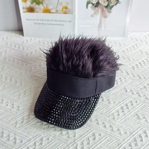 Rhinestone visor cap detail, spiky faux hair top design, trendy street hip hop hat black.