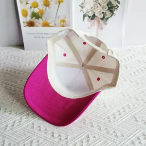 Cotton baseball cap five panel blank custom logo adjustable snapback sun hat pink brim inside view