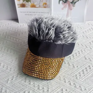 Novelty fake hair visor hat with sparkling gold rhinestones, stylish streetwear sun cap.