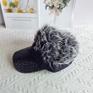 Rhinestone wig visor hat with grey fluffy faux hair, stylish hip-hop streetwear cap.