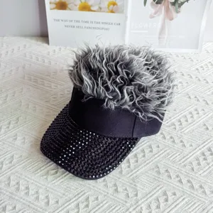 Fashion rhinestone wig sun visor hat for street hip hop party wear, trendy curly hair cap.