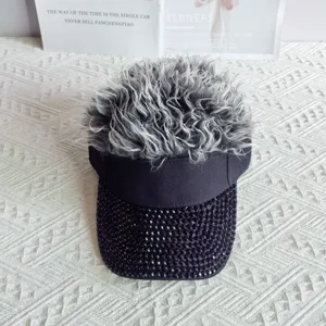 Creative rhinestone visor hat with grey curly hair wig, unique street style hip hop cap.