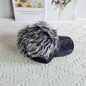 Rhinestone wig baseball cap street fashion hip hop sun hat with sparkling crystal brim.