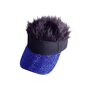 Trend rhinestone wig sun visor hat, blue crystal brim with funny hair for party and street wear