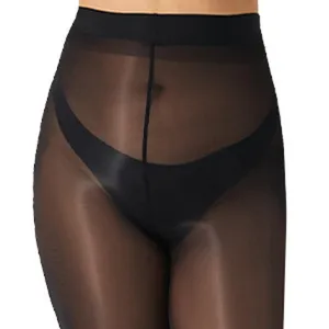 Close up view of glossy sheer black pantyhose, showing smooth texture and high waist fit.