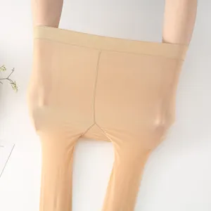 Close-up detail of nude elastic tights, showing high stretch fabric and smooth skin color texture.