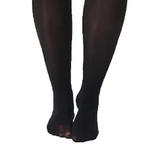 Close-up detail of glossy black pantyhose showcasing smooth shiny texture and elegant fit.