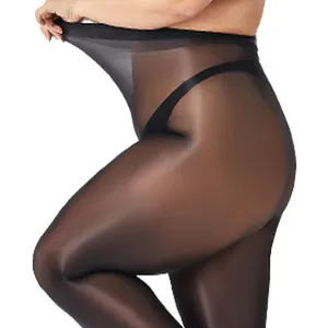 Plus size glossy shiny pantyhose for women, stretch black sheer tights, high waist shaping.