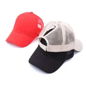 Women ponytail mesh baseball cap solid color adjustable casual outdoor sun hat spring summer
