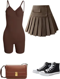 Brown u-back bodysuit and pleated skirt outfit set with matching bag and canvas sneakers.