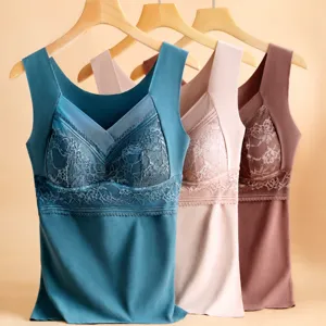 Women thermal camisole double brushed lace Dralon built-in bra warm base layer vest top