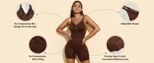 Detail view of brown shapewear showing adjustable straps and open crotch design features.