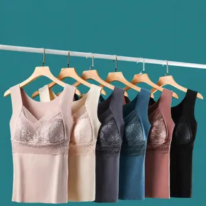 Thermal fleece-lined V-neck camisole with built-in bra and lace trim for women winter wear.