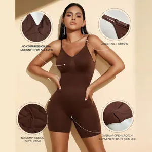 Seamless body shaper jumpsuit for women with adjustable straps and open crotch design.