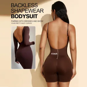 Backless shapewear bodysuit for women, deep V backless design, slim fit body shaper.