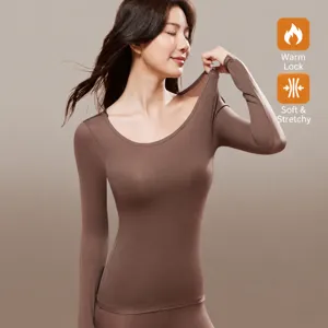 Damen seamless Thermo Oberteil mit BH, elastische Langarm Mokka Winter Unterwäsche.