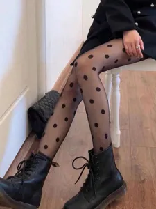 Sexy black sheer pantyhose with large polka dots, high elasticity tights for women.