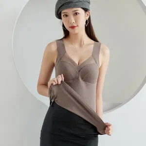 Damen Thermo Fleece Trägershirt mit integriertem BH, V-Ausschnitt Winter Unterwäsche Oberteil.