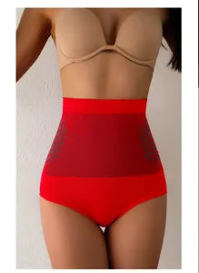 Detail view of seamless high-waist tummy control shaping panties for women, red postpartum.