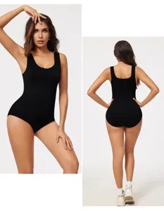 Schwarzer U-Ausschnitt nahtloser einteiliger Tank-Shapewear-Body, Front- und Rückansicht.