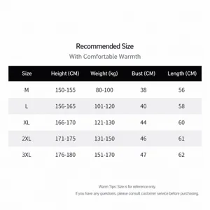 Size chart for women thermal vest, winter warm underwear size guide with measurements.