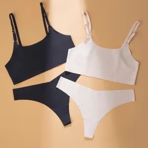 Seamless Bralette and Thong Lingerie Set for Women Breathable Camisole Padded Bra