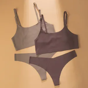 Women seamless wireless bra and thong underwear set, breathable thin strap sexy lingerie.