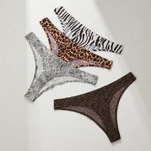 Women Seamless Leopard Print Thong Low Rise Nylon Cotton Crotch G-string Breathable Invisible Underwear Panties For Women