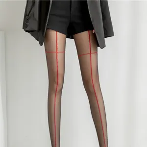 Women's sheer black pantyhose with striking red cross lines, sexy summer hosiery for fashion.