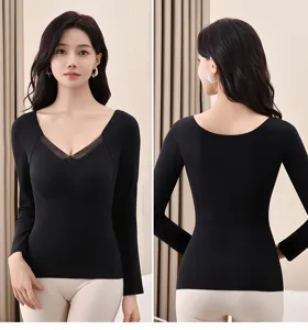 Detailed view of the thermal long-sleeve top featuring built-in cups, V-neck mesh and slim waist.