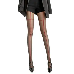 Women's sheer black tights with red cross line design sexy summer thin pantyhose hosiery